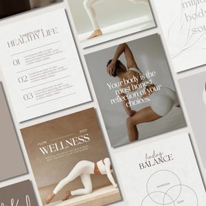 May include: A selection of wellness-themed images. One image displays "3 HABITS FOR A HEALTHY LIFE" with numbered points. Another image shows a person in white activewear with the text "Your body is the most honest reflection of your choices."
