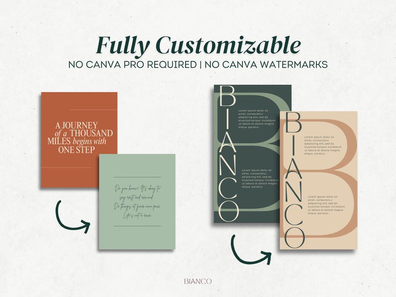 May include: A promotional image featuring customizable templates with the text "Fully Customizable." The image showcases various designs, including cards with quotes like "A journey of a thousand miles begins with one step."