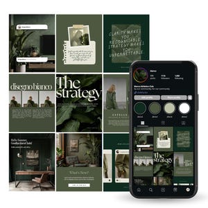 Könnte beinhalten: Ein Smartphone zeigt ein dunkelgrünes Instagram-Profil mit einem Raster von Beiträgen. Die Beiträge enthalten Text und Bilder in Grün- und Weißtönen, wobei die Wörter "The Strategy" und "Clarity makes you recognizable" sichtbar sind.
