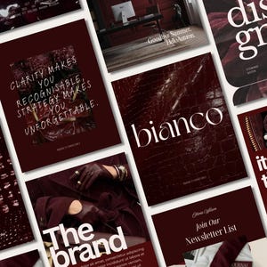 Może przedstawiać: Kolekcja szablonów projektów graficznych w kolorze ciemnego bordo z białą typografią, zawierająca frazy takie jak Clarity Makes You Recognisable, Strategy Makes You Unforgettable, bianco i The brand, z obrazami skórzanych rękawiczek.