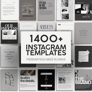 Puede incluir: Un conjunto de 1400+ plantillas de Instagram en un paquete premium, hecho en Canva. Las plantillas presentan un diseño minimalista con texto y gráficos en tonos grises y negros, adecuados para diversas necesidades comerciales.