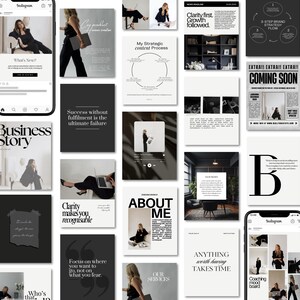 Puede incluir: Una colecci&oacute;n de materiales de marketing en blanco y negro, que incluyen maquetas de Instagram, p&aacute;ginas de revistas y citas motivacionales. La imagen presenta los textos "Business Story" y "About Me".