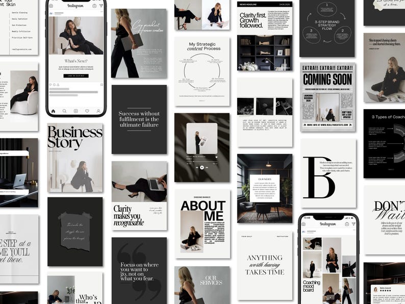 Puede incluir: Una colecci&oacute;n de materiales de marketing en blanco y negro, que incluyen maquetas de Instagram, p&aacute;ginas de revistas y citas motivacionales. La imagen presenta los textos "Business Story" y "About Me".