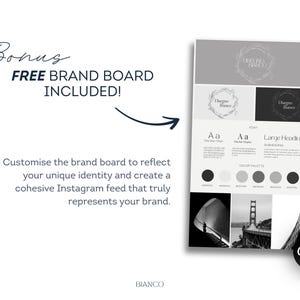 Puede incluir: Un dise&ntilde;o de tablero de marca en blanco y gris. Incluye un logotipo, ejemplos de fuentes y una paleta de colores. El texto dice "Bonus FREE BRAND BOARD INCLUDED!" y "Canva".