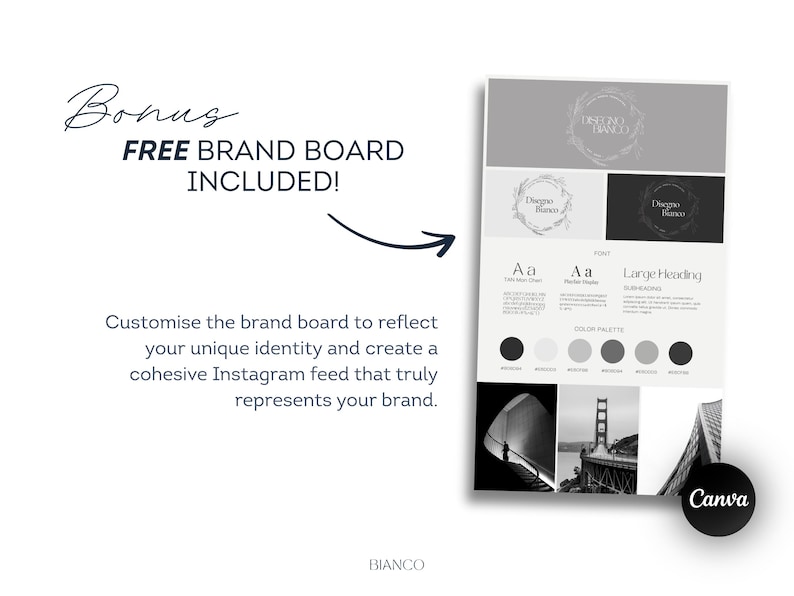 Puede incluir: Un dise&ntilde;o de tablero de marca en blanco y gris. Incluye un logotipo, ejemplos de fuentes y una paleta de colores. El texto dice "Bonus FREE BRAND BOARD INCLUDED!" y "Canva".