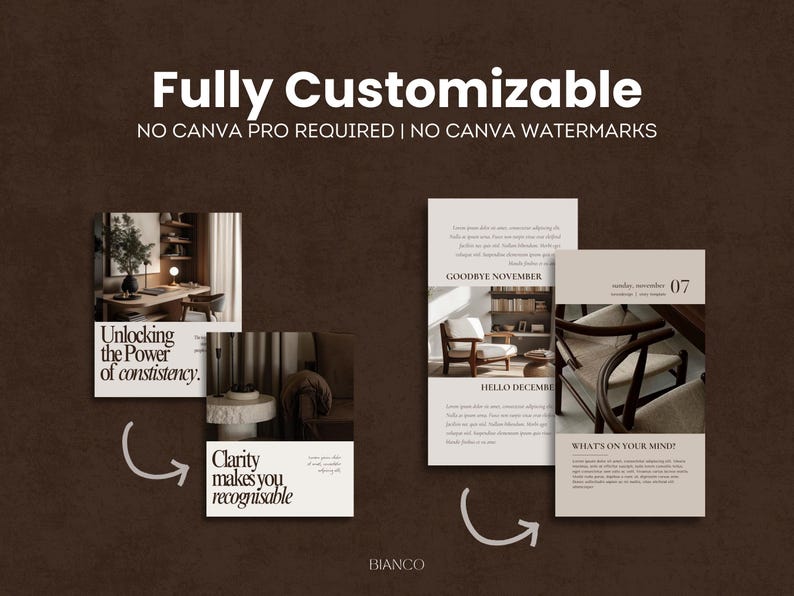 May include: A digital design template with the text "Fully Customizable" and "NO CANVA PRO REQUIRED | NO CANVA WATERMARKS". The image features mockups of interior design layouts with text overlays, including "Unlocking the Power of consistency."