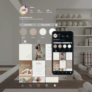 May include: A smartphone displays a social media profile with the name "bianco" and the text "Blanco Athletico Club." The profile features a grid of posts with images related to wellness and fitness. The background includes yoga mats and shelves with decorative items.