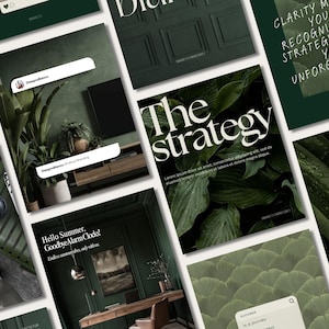 May include: A series of social media posts in shades of dark green. The posts include text such as "The Strategy", "Hello Summer, Goodbye Alarm Clocks!", and "Clarity makes you recognisable, strategy makes you unforgettable."