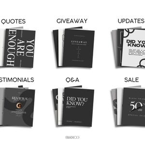 Puede incluir: Seis pilas de folletos en blanco y negro. Los t&iacute;tulos incluyen "Quotes", "Giveaway", "Updates", "Testimonials", "Q&A" y "Sale". El folleto "Sale" muestra "50% OFF". La palabra "Bianco" est&aacute; en la parte inferior.