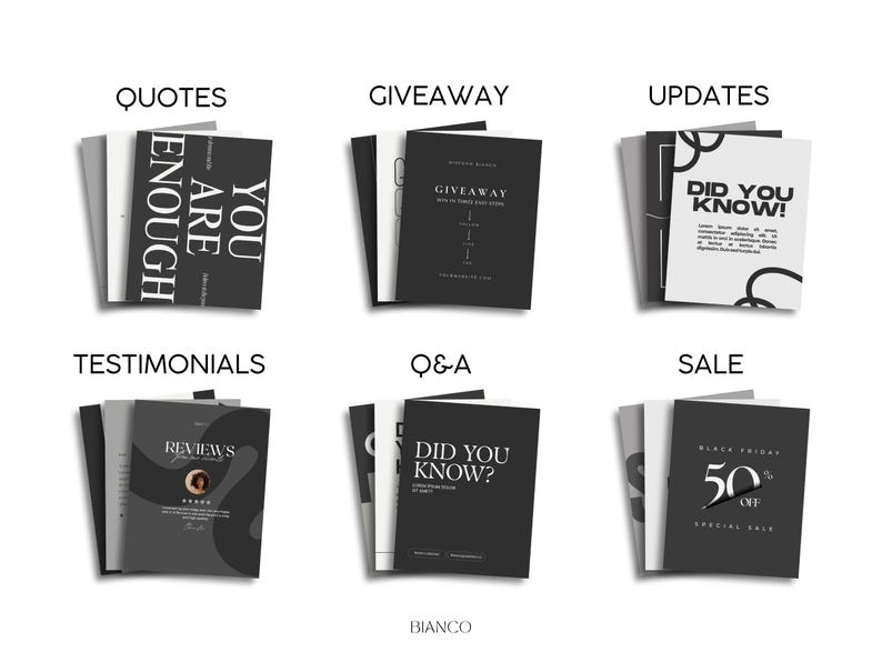 Puede incluir: Seis pilas de folletos en blanco y negro. Los t&iacute;tulos incluyen "Quotes", "Giveaway", "Updates", "Testimonials", "Q&A" y "Sale". El folleto "Sale" muestra "50% OFF". La palabra "Bianco" est&aacute; en la parte inferior.