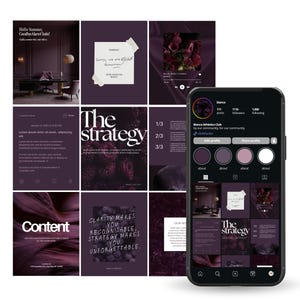 May include: A smartphone displaying a social media profile page with a dark purple color scheme, featuring a grid of nine posts. The profile includes the text Bianco Athletico Club, 111 posts, 111K followers, and 1000 following, alongside various text-based and image-based content tiles.