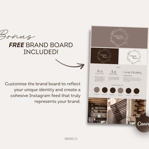 May include: A brand board design with the text "Bonus FREE BRAND BOARD INCLUDED!" and "Customise the brand board to reflect your unique identity and create a cohesive Instagram feed that truly represents your brand."