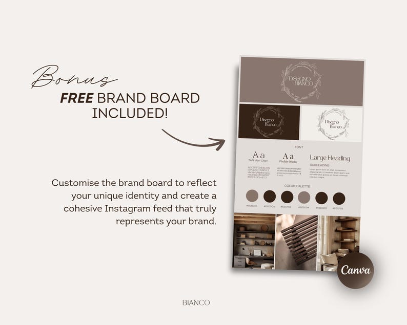 May include: A brand board design with the text "Bonus FREE BRAND BOARD INCLUDED!" and "Customise the brand board to reflect your unique identity and create a cohesive Instagram feed that truly represents your brand."
