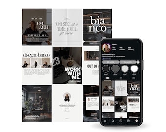 May include: A smartphone displays a social media profile with a grid of posts in black and white. The posts feature text and images related to coaching and design, including the words "COACH," "ONE STEP at a TIME YOU'LL get there," and "WORK WITH ME."