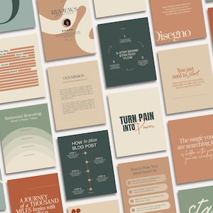 Op de afbeelding: Een verzameling diverse kaarten met tekst en afbeeldingen in een neutraal kleurenpalet. De kaarten bevatten zinnen als "Reviews", "Our Mission" en "Turn Pain Into Power". Sommige kaarten hebben een gelaagd ontwerp, andere simpele tekst.