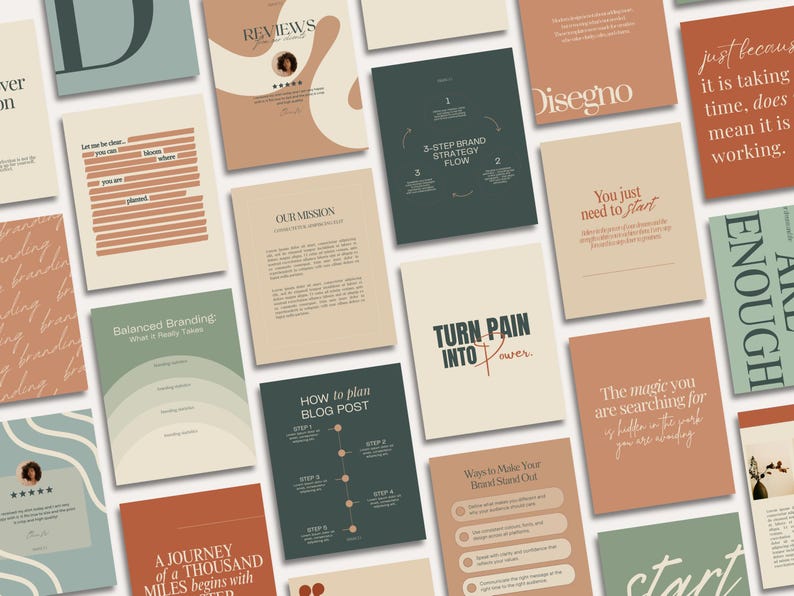 May include: A collection of various cards with text and graphics in a neutral color palette. The cards feature phrases like "Reviews," "Our Mission," and "Turn Pain Into Power." Some cards have a layered design, while others have simple text.