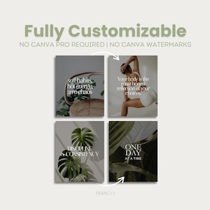 May include: A digital product image with four square graphics. Each graphic features a different inspirational quote in white text against a neutral background. The top text reads "Fully Customizable".