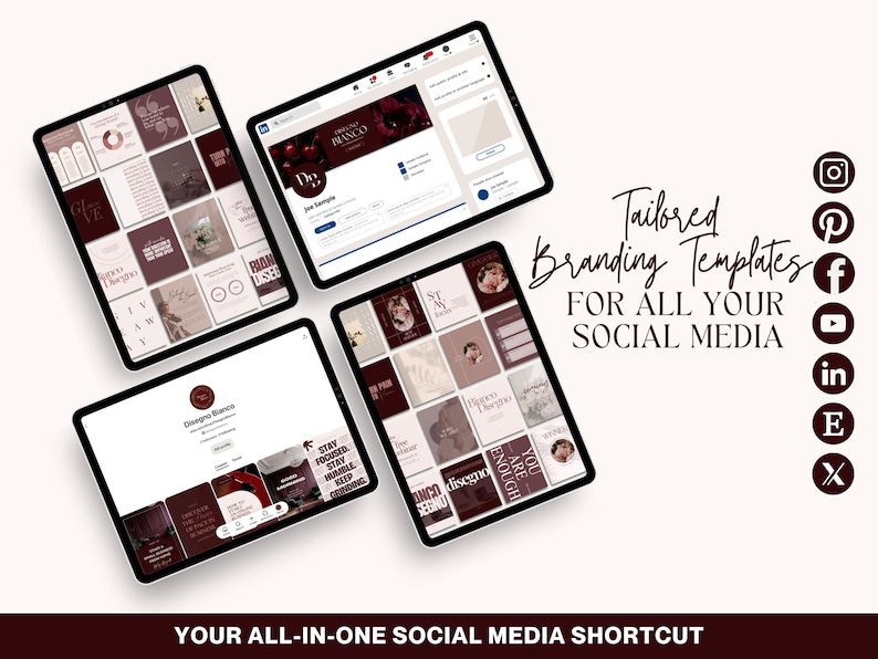 Może przedstawiać: Cztery tablety wyświetlające szablony brandingowe dla medi&oacute;w społecznościowych w odcieniach bordowego i beżowego. Tekst brzmi "Tailored Branding Templates For All Your Social Media" i "Your All-In-One Social Media Shortcut."