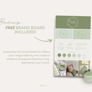 May include: A digital brand board template in shades of green, with the text "Bonus FREE BRAND BOARD INCLUDED!". The board includes design elements, color palettes, and sample images. The text "Customise the brand board to reflect your unique identity" is also visible.