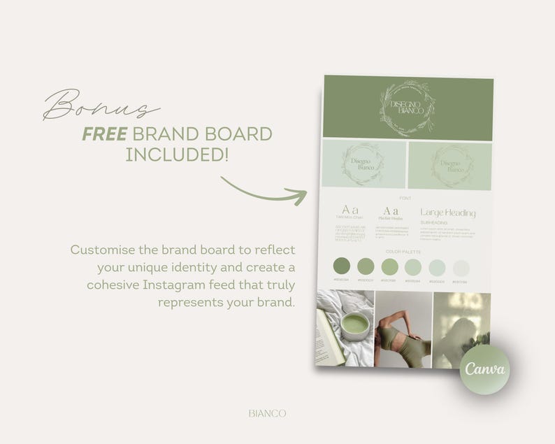 May include: A digital brand board template in shades of green, with the text "Bonus FREE BRAND BOARD INCLUDED!". The board includes design elements, color palettes, and sample images. The text "Customise the brand board to reflect your unique identity" is also visible.