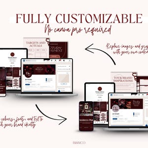 Może przedstawiać: Projekt szablonu marketingu cyfrowego wyświetlany na laptopie, tablecie i smartfonie. Projekt ma bordowo-białą kolorystykę z tekstem "FULLY CUSTOMIZABLE" i "No canva pro required". Strzałki wskazują na możliwość zastąpienia obraz&oacute;w i grafiki.