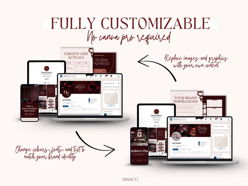 Może przedstawiać: Projekt szablonu marketingu cyfrowego wyświetlany na laptopie, tablecie i smartfonie. Projekt ma bordowo-białą kolorystykę z tekstem "FULLY CUSTOMIZABLE" i "No canva pro required". Strzałki wskazują na możliwość zastąpienia obraz&oacute;w i grafiki.