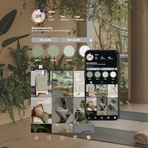 May include: A smartphone displays an Instagram profile for "Blanco Athletico Club." The profile features a logo, follower count, and a grid of posts with images of fitness activities. The background includes plants and yoga mats.