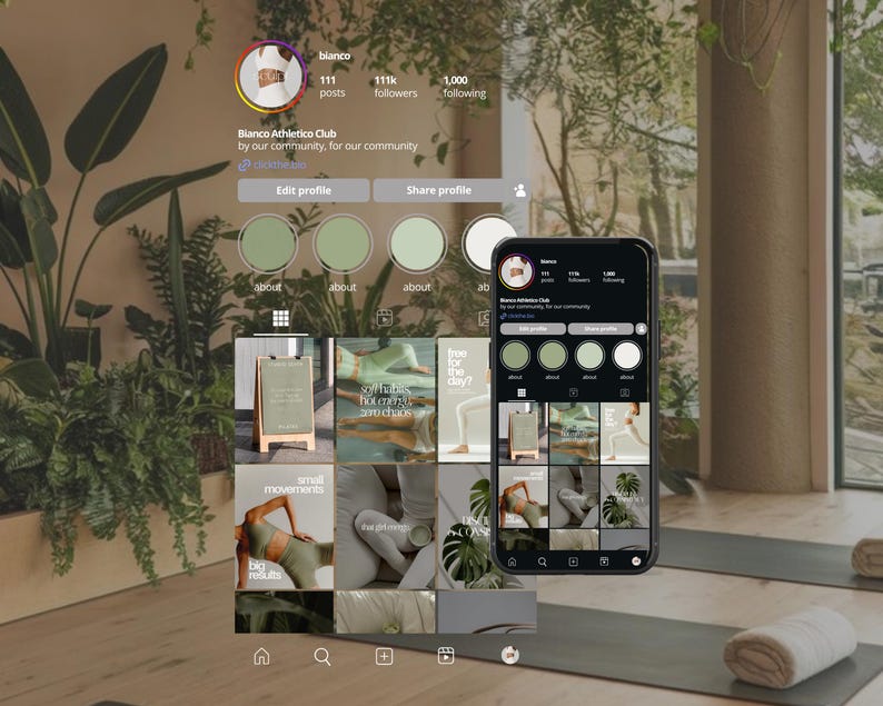 May include: A smartphone displays an Instagram profile for "Blanco Athletico Club." The profile features a logo, follower count, and a grid of posts with images of fitness activities. The background includes plants and yoga mats.