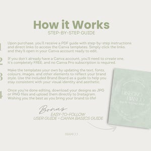 May include: A light green graphic with the text "How it Works" and a step-by-step guide. The guide explains how to use Canva templates, including a bonus user guide and Canva basics guide. A booklet with the text "DISEGNO BIANCO" is also shown.