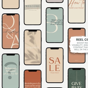 May include: A collection of smartphone screens displaying various text overlays in a neutral color palette. The screens feature phrases like "SALE", "WELCOME", and "GIVE AWAY", along with the text "REEL COVERS" and "BOOST REACH AND VISIBILITY".