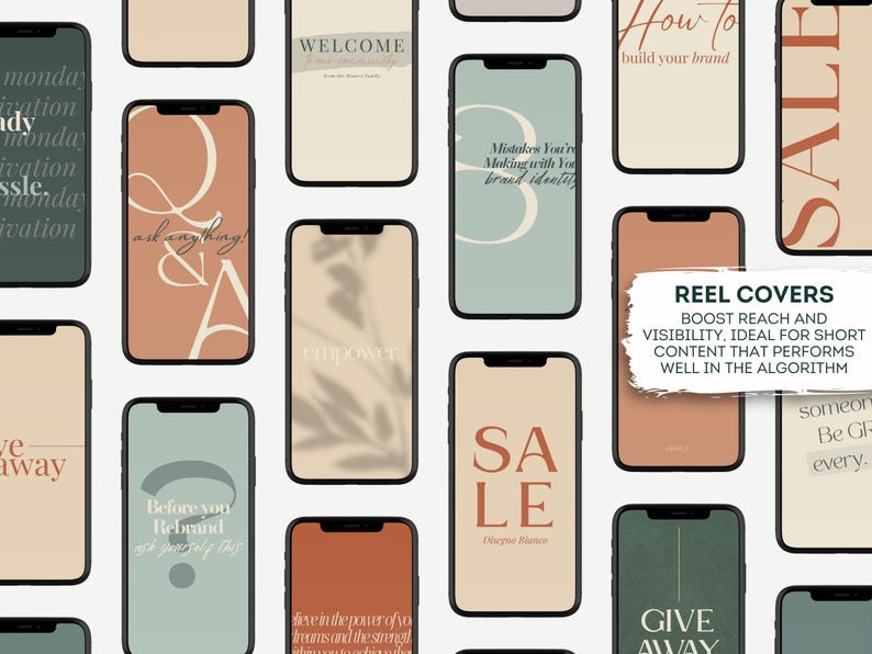 May include: A collection of smartphone screens displaying various text overlays in a neutral color palette. The screens feature phrases like "SALE", "WELCOME", and "GIVE AWAY", along with the text "REEL COVERS" and "BOOST REACH AND VISIBILITY".