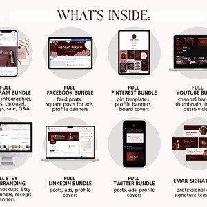 Może przedstawiać: Obraz przedstawiający pakiety marketingu cyfrowego dla r&oacute;żnych platform medi&oacute;w społecznościowych. Zawiera Instagram, Facebook, Pinterest, YouTube, Etsy, LinkedIn, Twitter i szablony podpis&oacute;w e-mail. Każdy pakiet jest wyświetlany na urządzeniu z opisami tekstowymi.