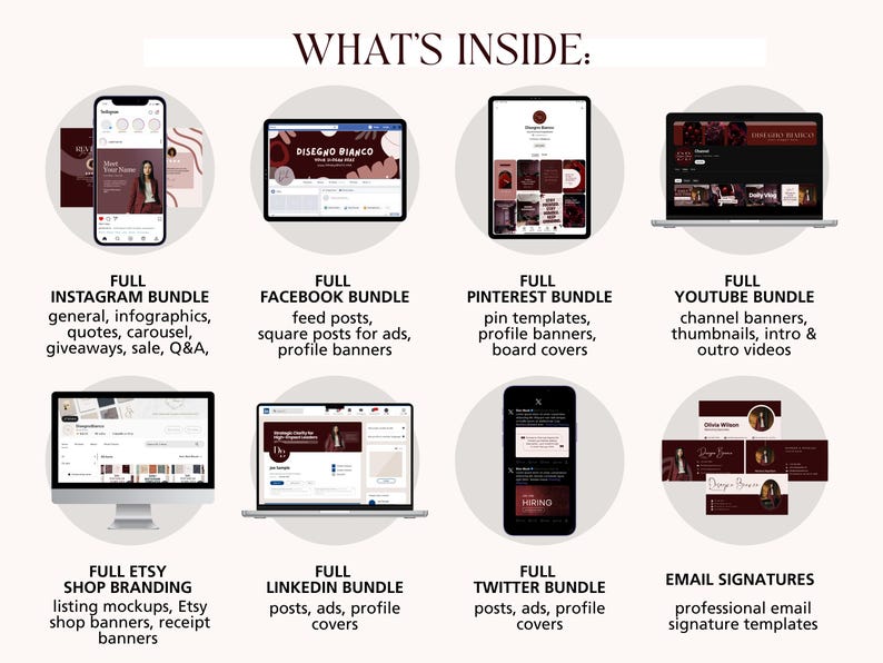 Może przedstawiać: Obraz przedstawiający pakiety marketingu cyfrowego dla r&oacute;żnych platform medi&oacute;w społecznościowych. Zawiera Instagram, Facebook, Pinterest, YouTube, Etsy, LinkedIn, Twitter i szablony podpis&oacute;w e-mail. Każdy pakiet jest wyświetlany na urządzeniu z opisami tekstowymi.