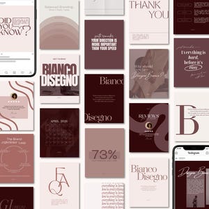 Może przedstawiać: Zbi&oacute;r grafik do medi&oacute;w społecznościowych w odcieniach bordowego, beżowego i białego. Grafiki zawierają tekst, taki jak "Did You Know?", "Bianco Disegno" i "Thank You". Obraz zawiera dwa smartfony wyświetlające posty na Instagramie.