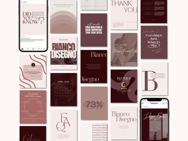 Może przedstawiać: Zbi&oacute;r grafik do medi&oacute;w społecznościowych w odcieniach bordowego, beżowego i białego. Grafiki zawierają tekst, taki jak "Did You Know?", "Bianco Disegno" i "Thank You". Obraz zawiera dwa smartfony wyświetlające posty na Instagramie.