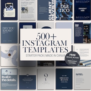Peut inclure: Une collection de plus de 500 modèles Instagram en bleu et blanc. Les modèles comprennent divers designs avec du texte, des graphiques et les mots "Instagram Templates" et "Starter Pack". Un téléphone est visible à droite.