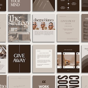May include: A collection of digital marketing and branding templates in shades of brown, beige, and white. The designs include text such as "What's New?", "The Strategy", "Giveaway", and "Balanced Branding".