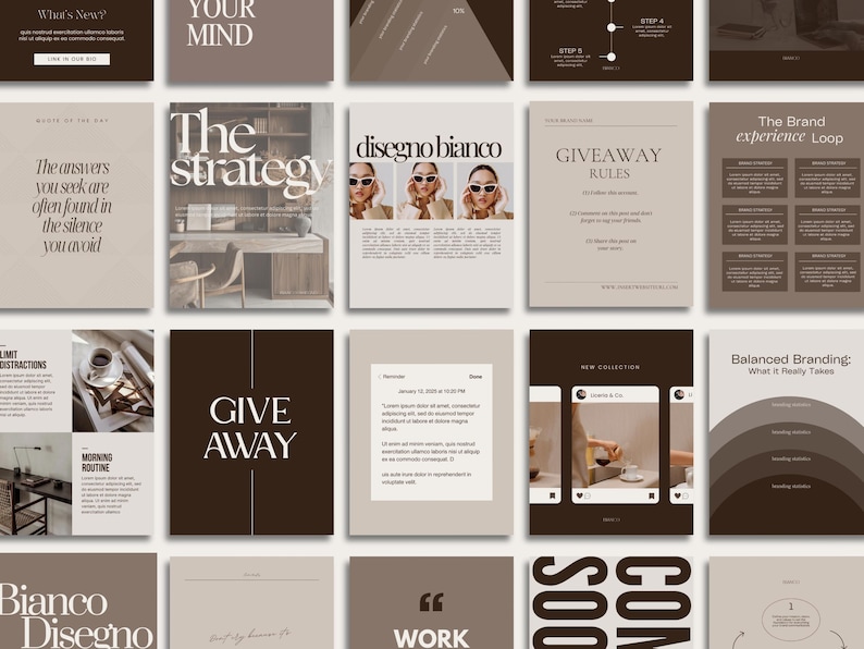 May include: A collection of digital marketing and branding templates in shades of brown, beige, and white. The designs include text such as "What's New?", "The Strategy", "Giveaway", and "Balanced Branding".