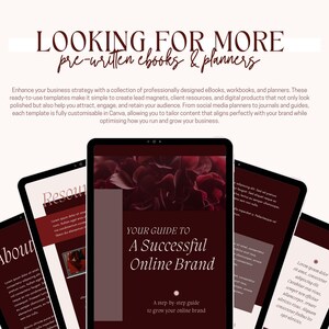 Może przedstawiać: Obraz kilku tablet&oacute;w wyświetlających szablony e-book&oacute;w i planer&oacute;w. Centralny tablet wyświetla "YOUR GUIDE TO A SUCCESSFUL ONLINE BRAND". Tekst "LOOKING FOR MORE pre-written ebooks & planners" znajduje się u g&oacute;ry. Schemat kolor&oacute;w to bordowy i kremowy.