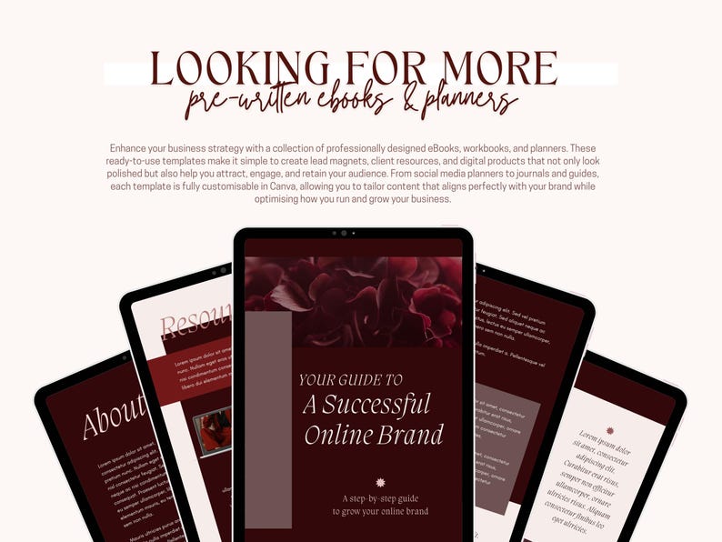 Może przedstawiać: Obraz kilku tablet&oacute;w wyświetlających szablony e-book&oacute;w i planer&oacute;w. Centralny tablet wyświetla "YOUR GUIDE TO A SUCCESSFUL ONLINE BRAND". Tekst "LOOKING FOR MORE pre-written ebooks & planners" znajduje się u g&oacute;ry. Schemat kolor&oacute;w to bordowy i kremowy.