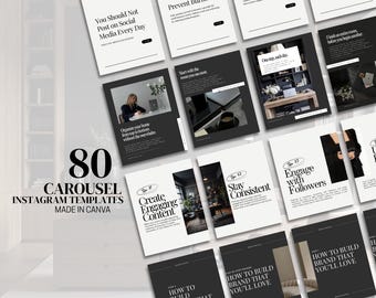 May include: A collection of 80 Instagram carousel templates in black and white. The templates feature text overlays with phrases like "Create Engaging Content" and "Engage with Followers." The design is modern and minimalist, suitable for social media content.