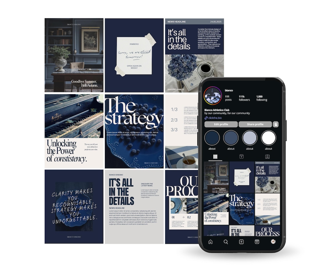 Deep Blue Instagram Templates Canva | Blueberry Branding Kit for Small Business | Social M