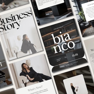 Könnte beinhalten: Eine Sammlung von Werbematerialien mit minimalistischer Ästhetik. Die Bilder zeigen Texte wie "Business Story", "Bianco" und "Work with Me". Die Farbpalette ist hauptsächlich Schwarz, Weiß und Beige, mit einem Fokus auf Lifestyle- und Geschäftsthemen.