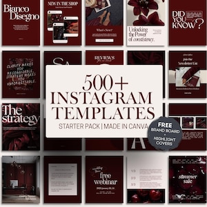 May include: A collection of 500+ Instagram templates in a deep burgundy color palette, featuring various layouts for social media posts, brand boards, and highlight covers, with text overlays including 500+ INSTAGRAM TEMPLATES STARTER PACK.