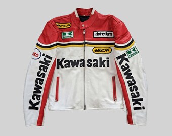 90s   バイカージャケット ヴィンテージ カワサキ レーシング レザージャケット CEアーマー、牛革