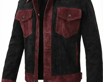 Vintage Trucker Leather Suede Jacket Men - Handmade Denim