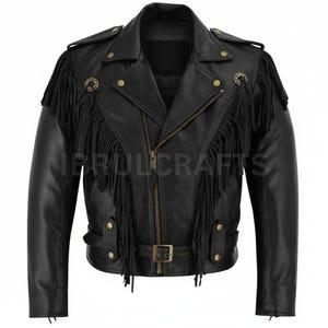 May include: Black leather jacket with fringe detailing on the shoulders and sleeves. The jacket features a classic biker style with a notched collar, asymmetrical zip, and a belt at the waist. Gold-coloured hardware accents the jacket.