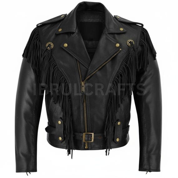Men's Black Fringe Leather Jacket: Western Biker Style  Jacket