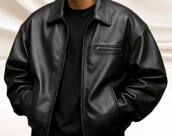 Men's Vintage Black Sheepskin Leather Bomber Jacket, Oversized