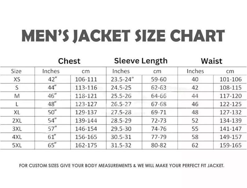 May include: A jacket size chart with measurements in inches and centimetres. The chart displays chest, sleeve length, and waist measurements for sizes XS to 5XL. The text "MEN'S JACKET SIZE CHART" is at the top.